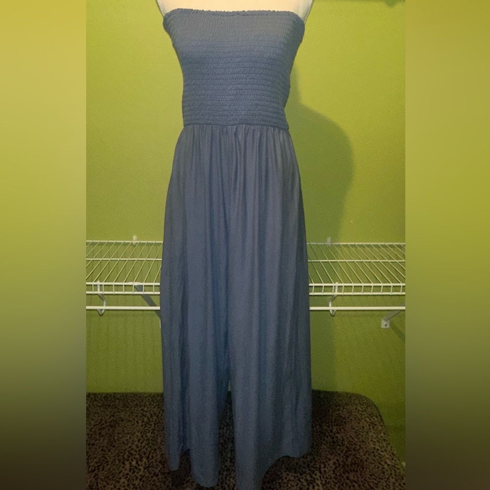 Blue Strapless Pleated Jumpsuit for Casual Occasions